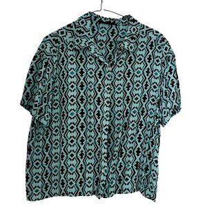 Jane + Delancey Geometric Print Button Front Blouse Large Turquoise Black Short